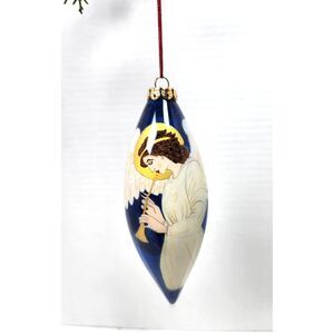 Reverse Painted Heralding Angel Blown Glass Ornament In Satin Box Excellent